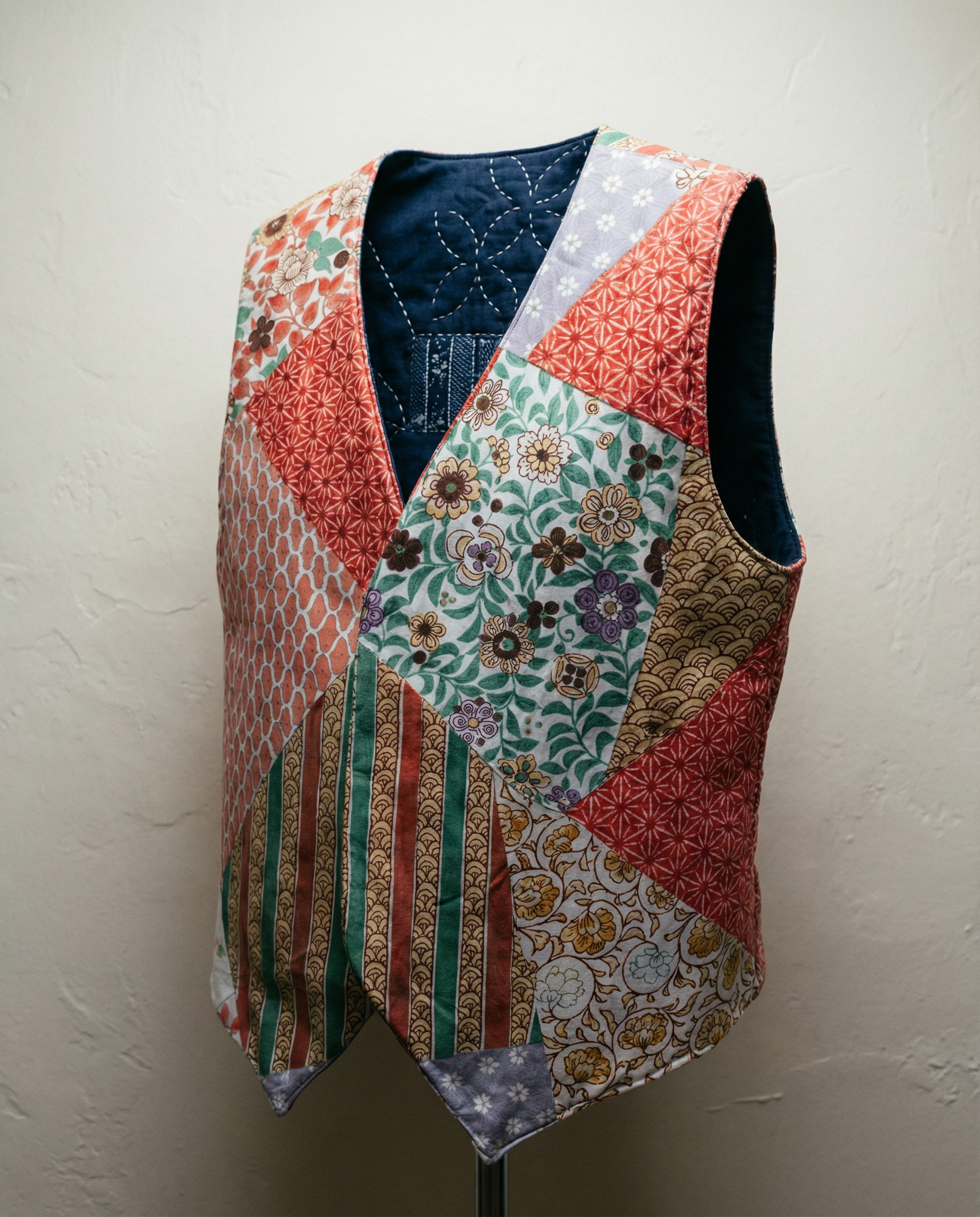 Indigo Patchwork Quilted Vest – Reversible Style