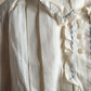 Vintage Cream Cotton Blouse with Ruffle Collar & Blue Trim