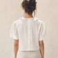Vintage Cream Cotton Blouse with Ruffle Collar & Blue Trim