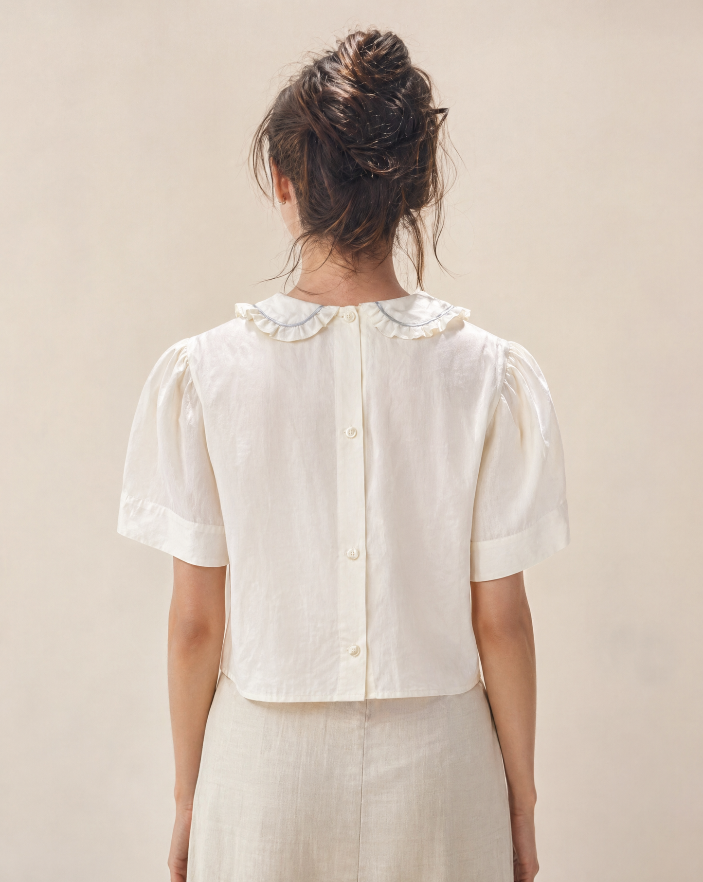 Vintage Cream Cotton Blouse with Ruffle Collar & Blue Trim