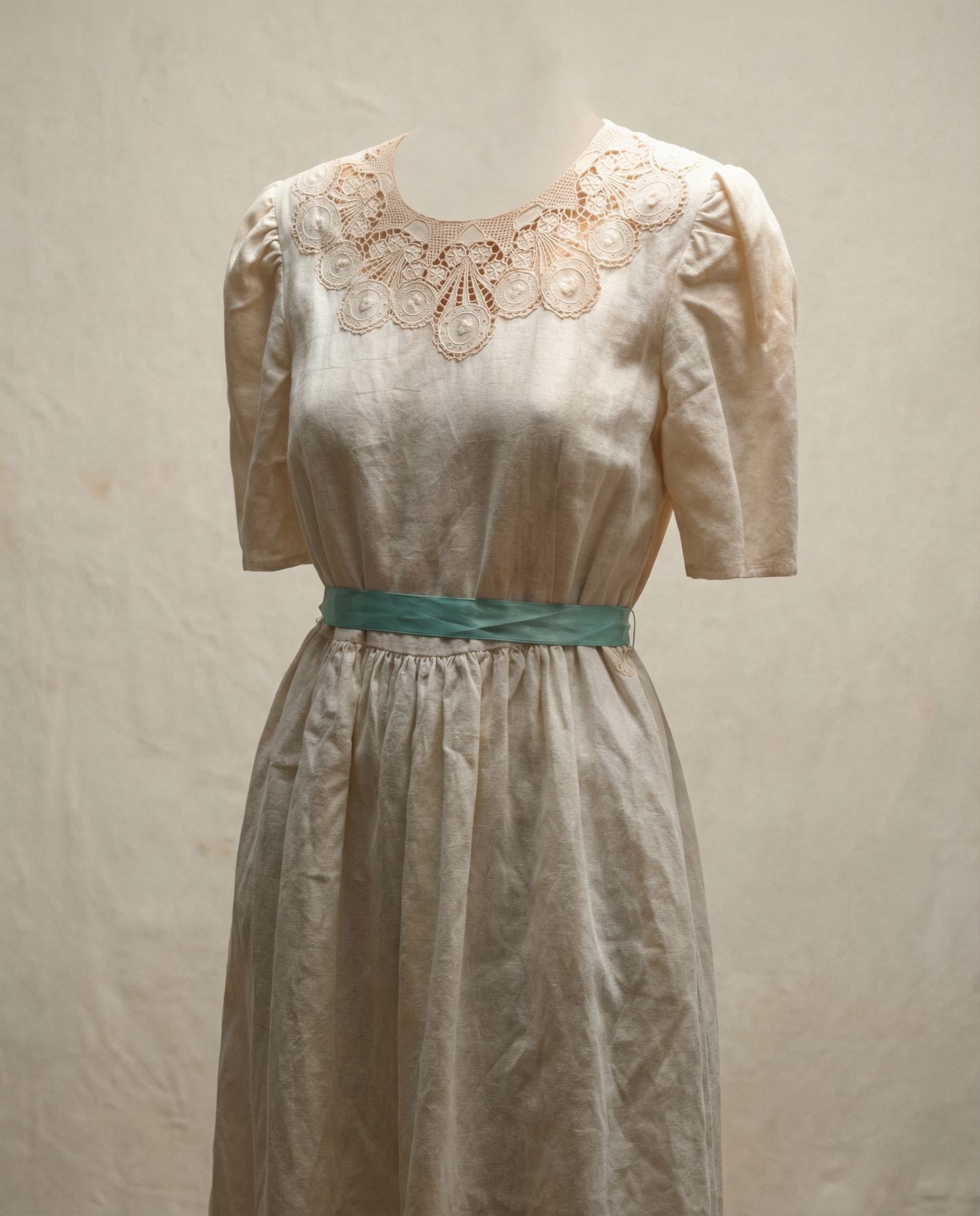Vintage Cream Cotton Prairie Dress with Lace Yoke & Blue Ribbon Tie