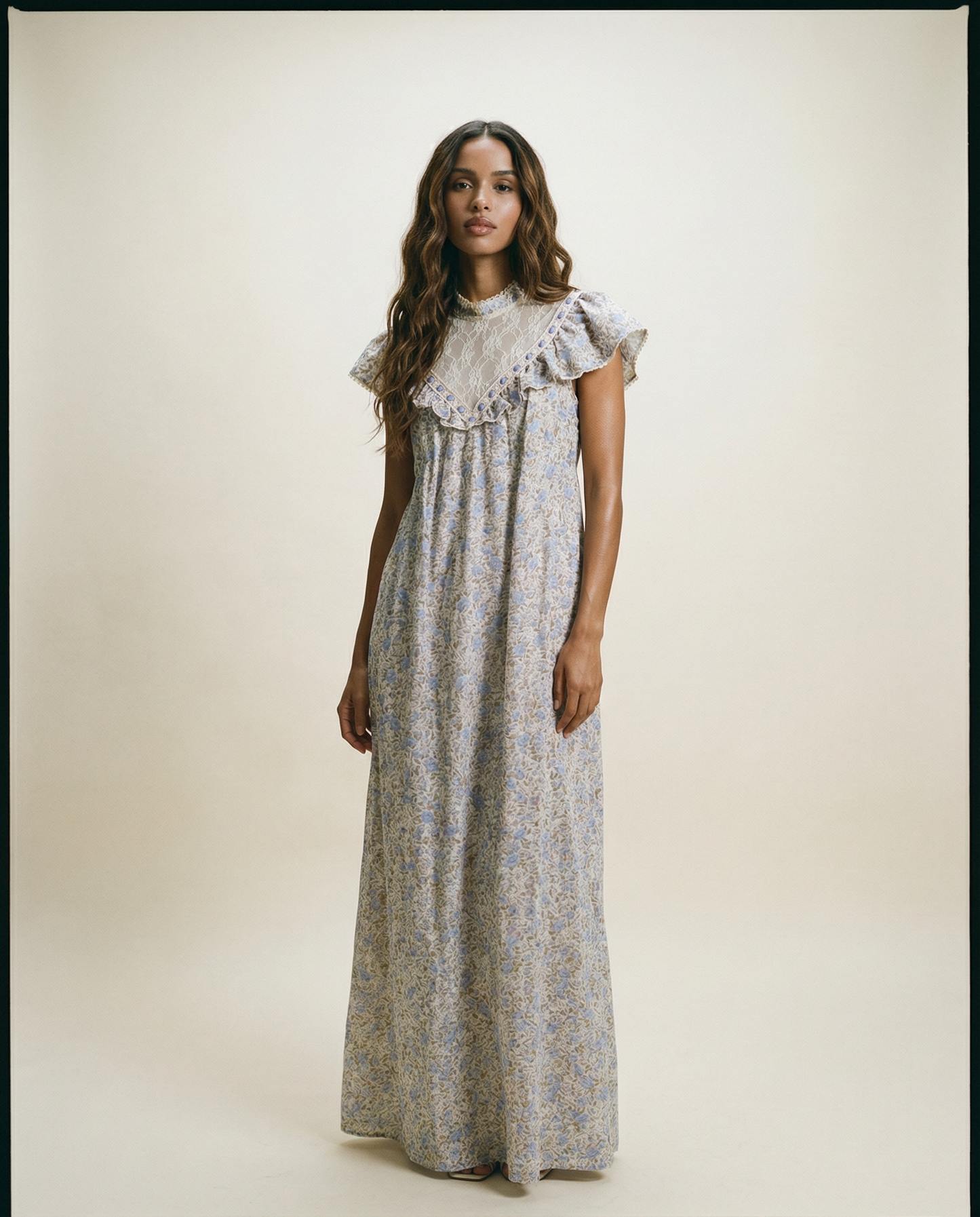 Vintage Blue Floral Maxi Dress with Lace Yoke & Ruffle Trim