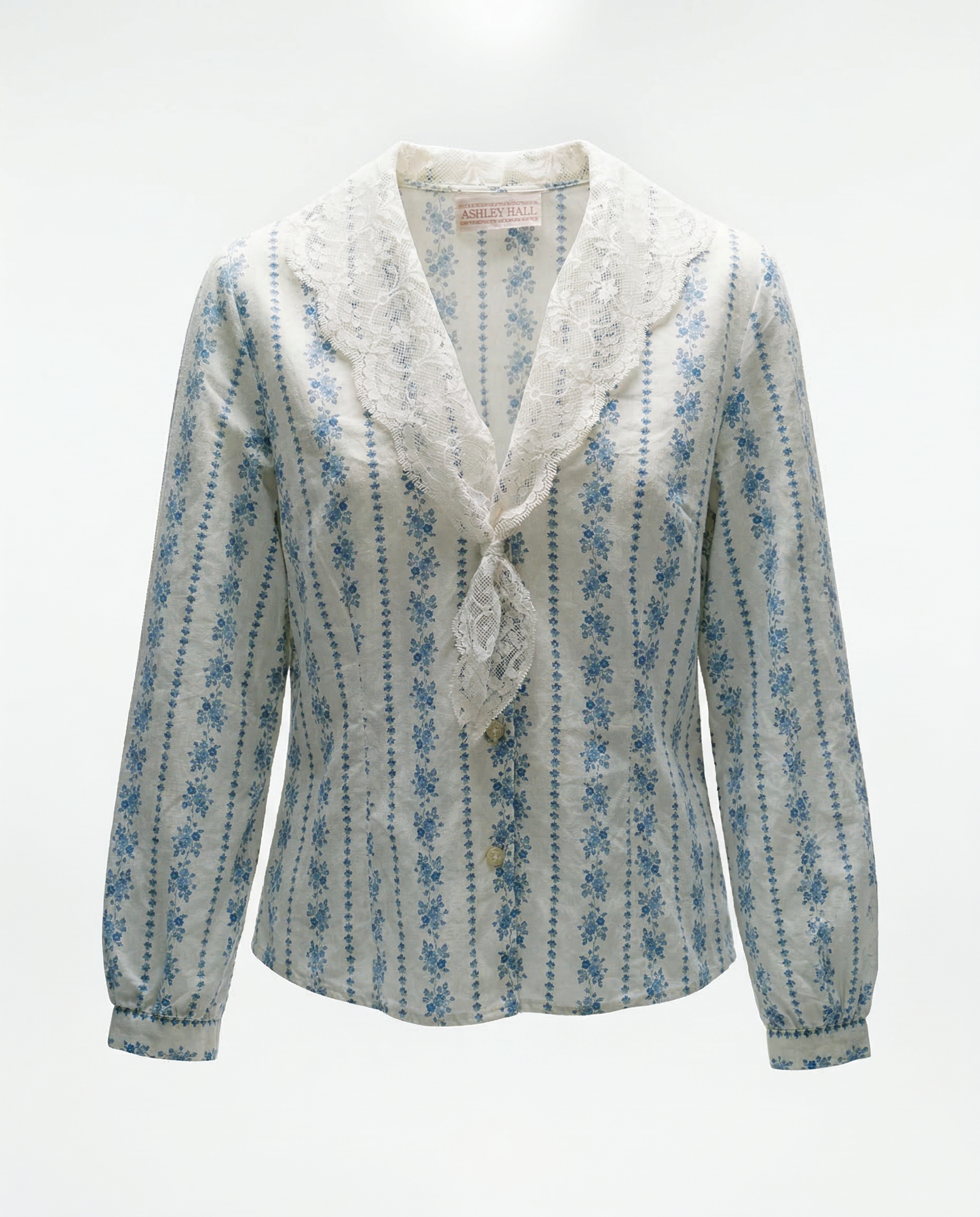 Vintage Ashley Hall Blue Floral Lace Collar Blouse - S