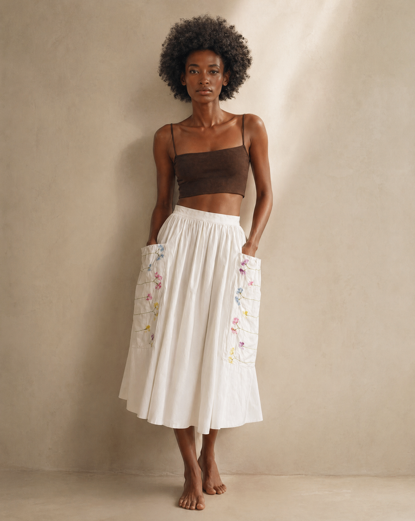 White Embroidered Pocket Midi Skirt – Small