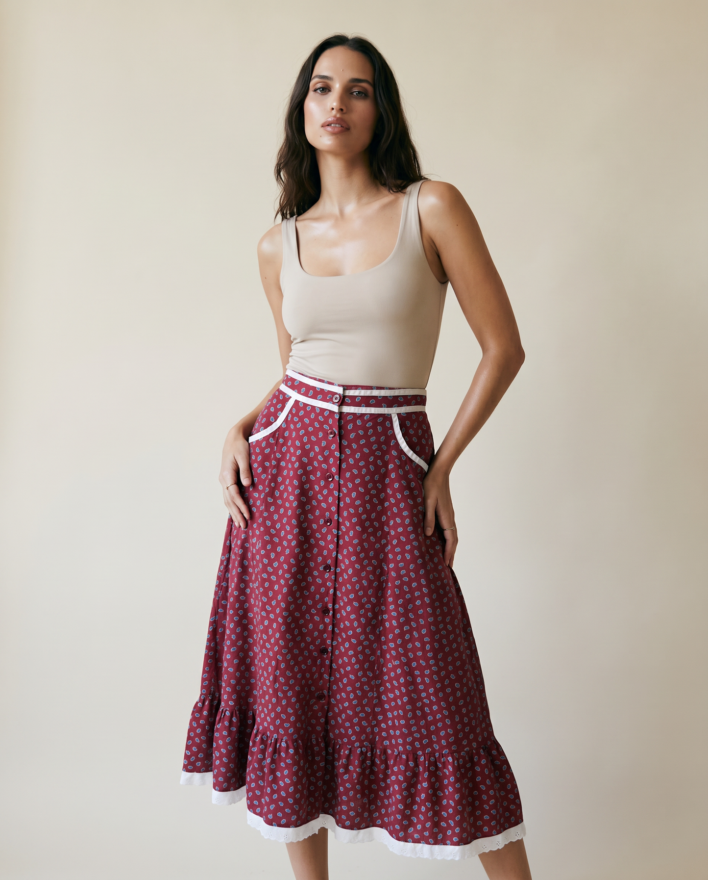 Red Paisley Prairie Skirt with Lace Hem – XS
