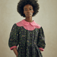 Vintage Novelty Print Peter Pan Collar Dress – Navy & Pink Folk Floral Midi - SML