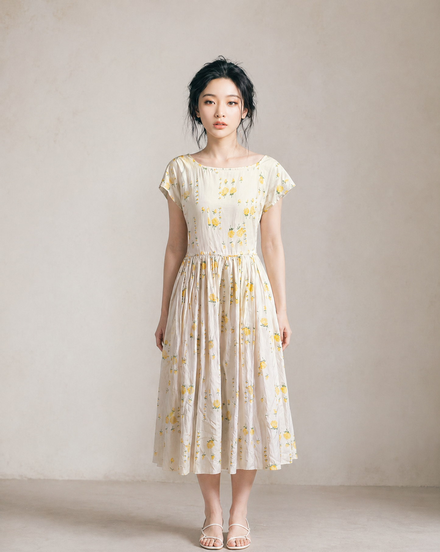 Vintage Yellow Floral Tie-Back Midi Dress