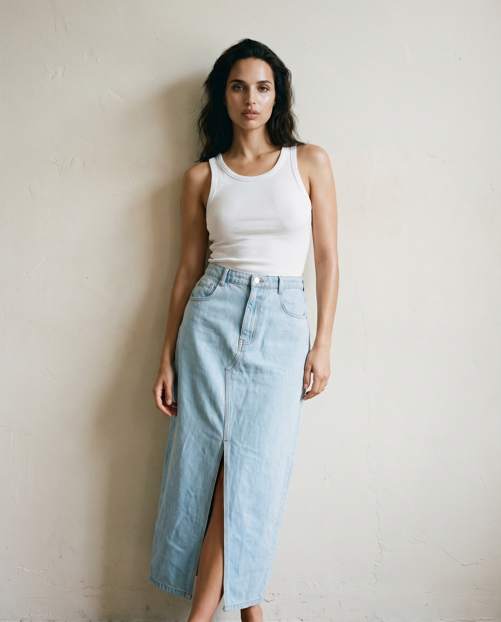 Light Wash Denim Midi Skirt