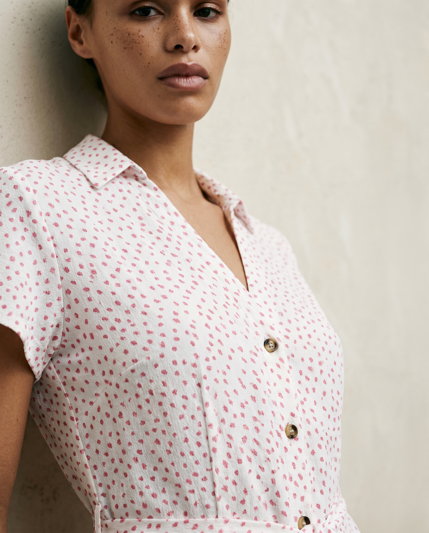Soft Pink Micro Print Button Front Midi Dress