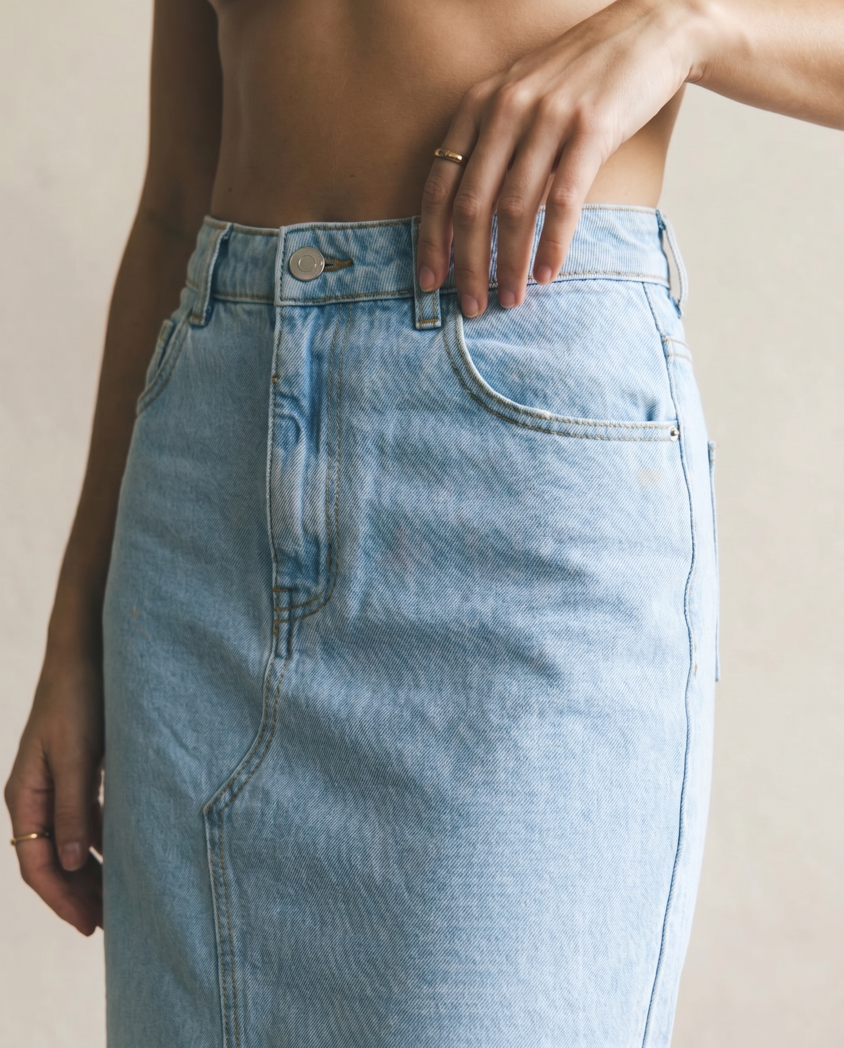 Light Wash Denim Midi Skirt