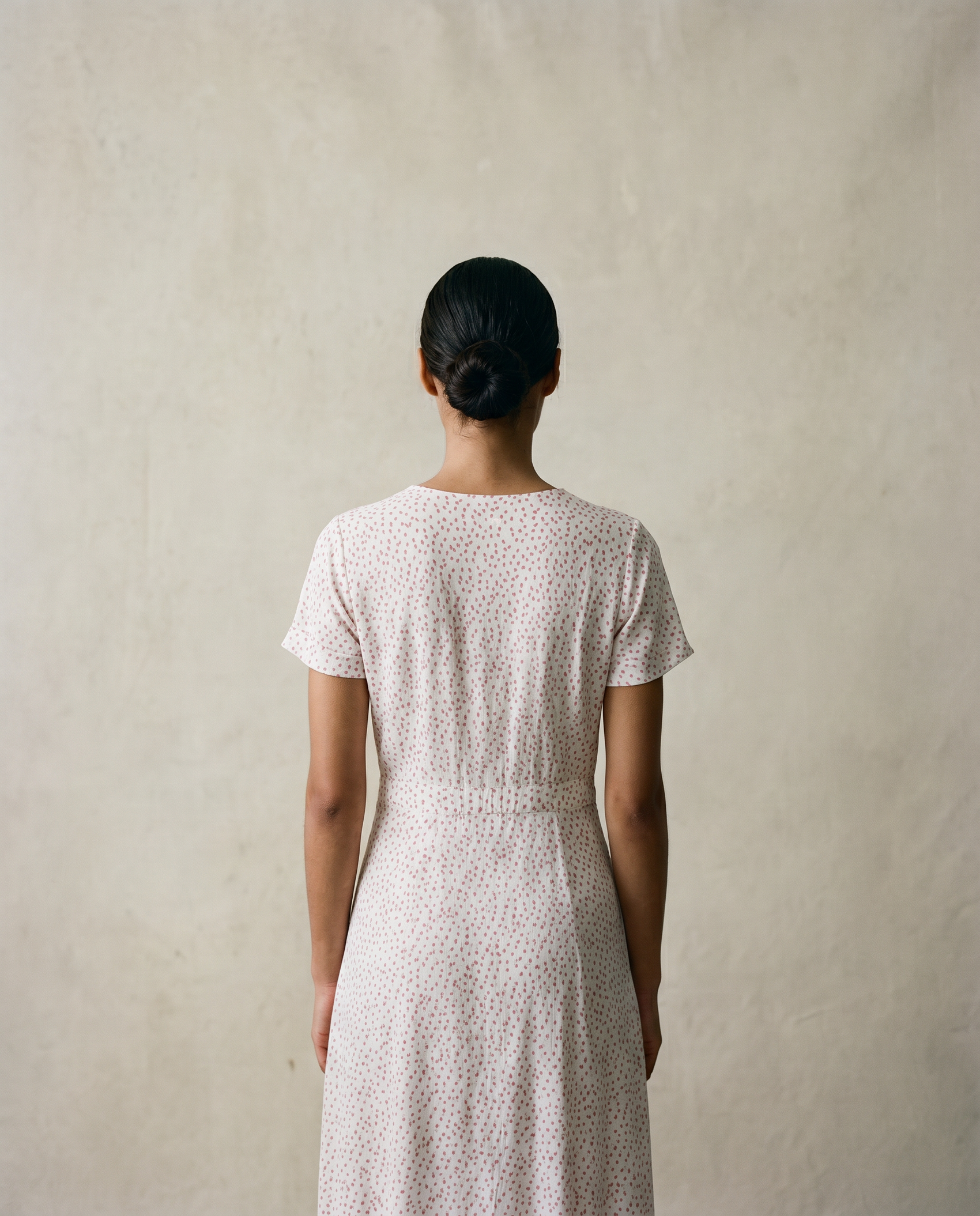 Soft Pink Micro Print Button Front Midi Dress