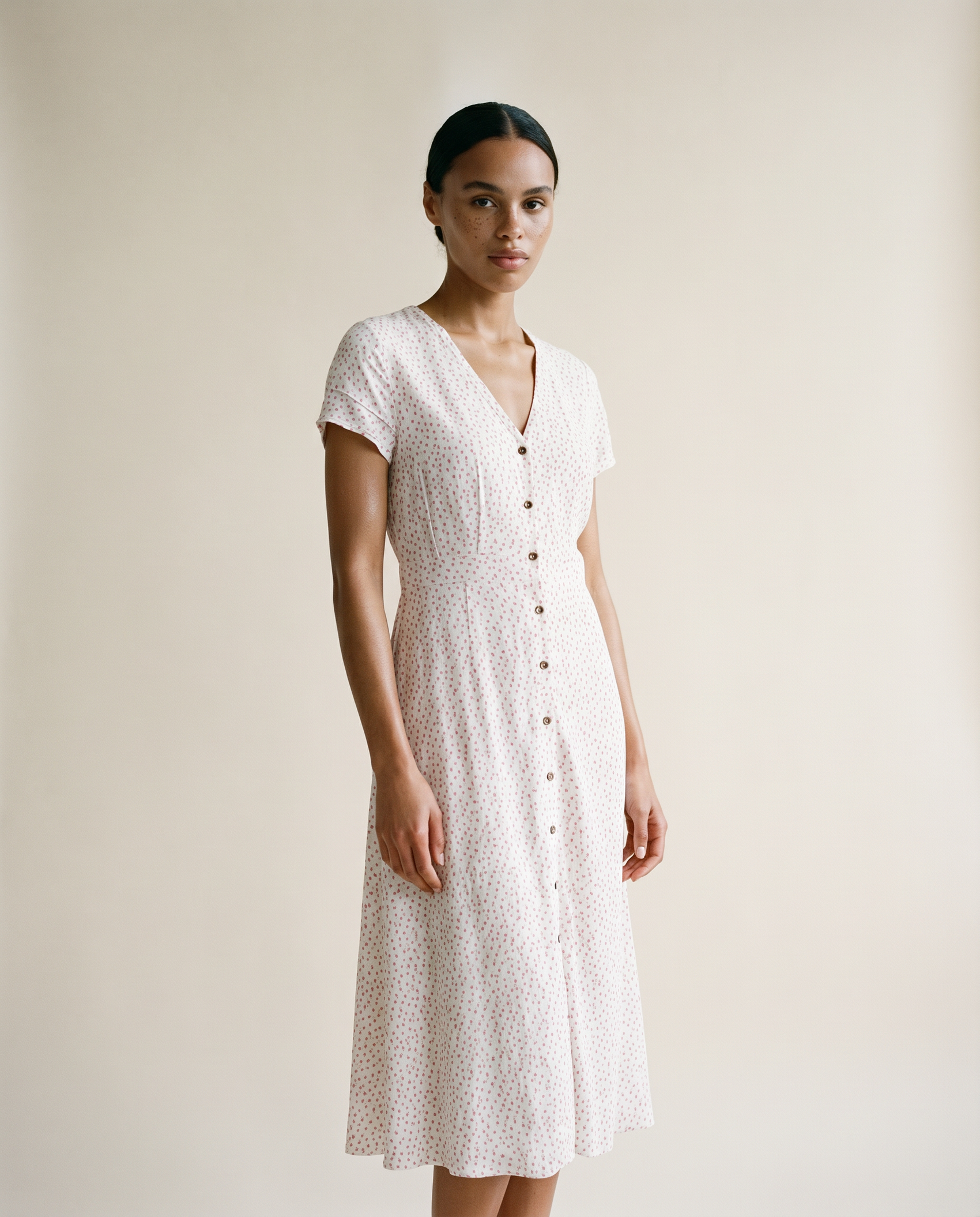 Soft Pink Micro Print Button Front Midi Dress