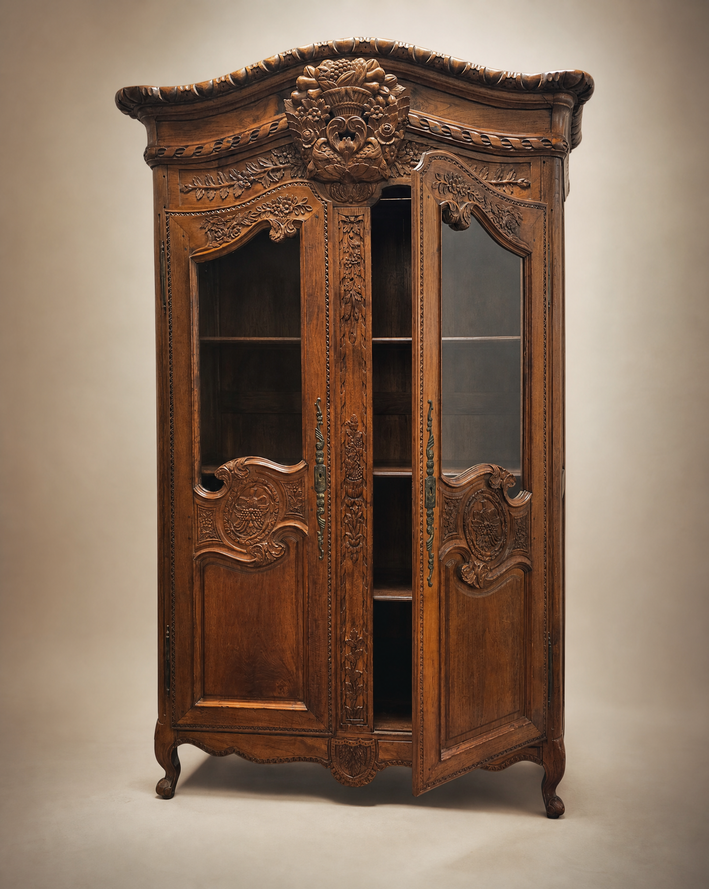French Louis XV Revival Carved Oak Display Armoire