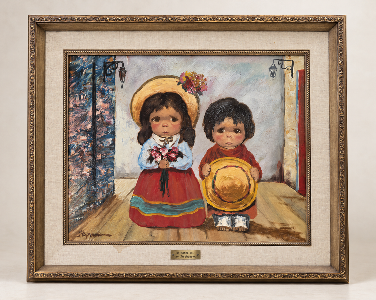 Vintage Original Oil Painting by Stephenson – Two Children in Traditional Dress – 40.5" W × 34.5" H