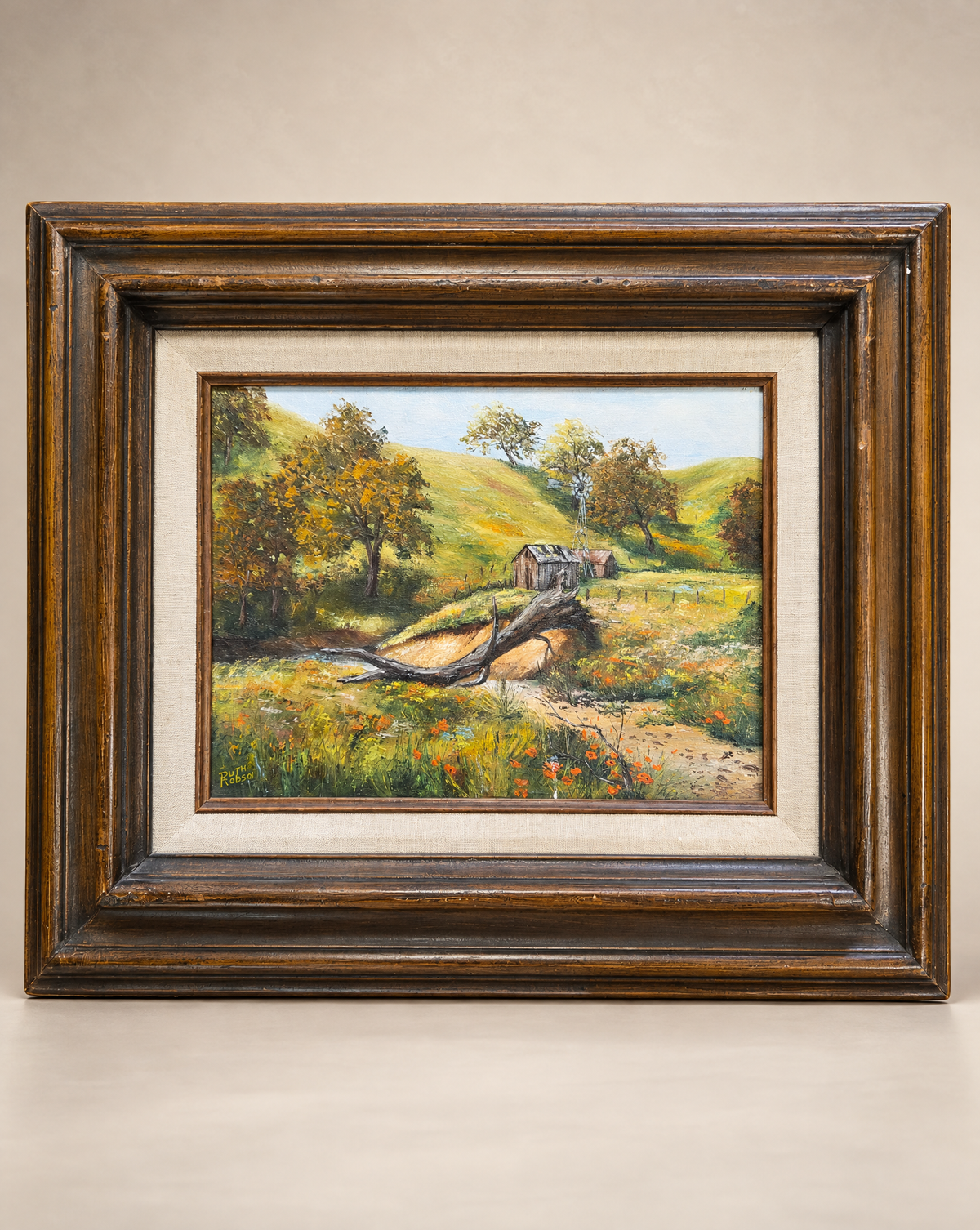 Vintage Original Country Landscape Oil Painting by Ruth Robson – 19.5" W × 16.5" H