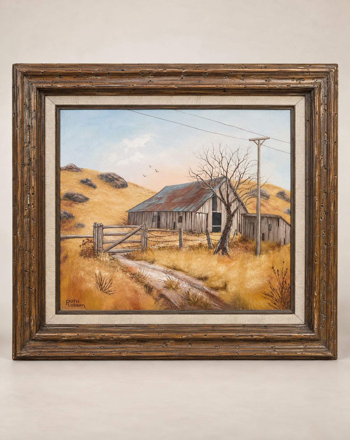 Vintage Rustic American Farmhouse Original Oil Painting on Canvas, Signed Ruth Robson – 27" W × 23" H