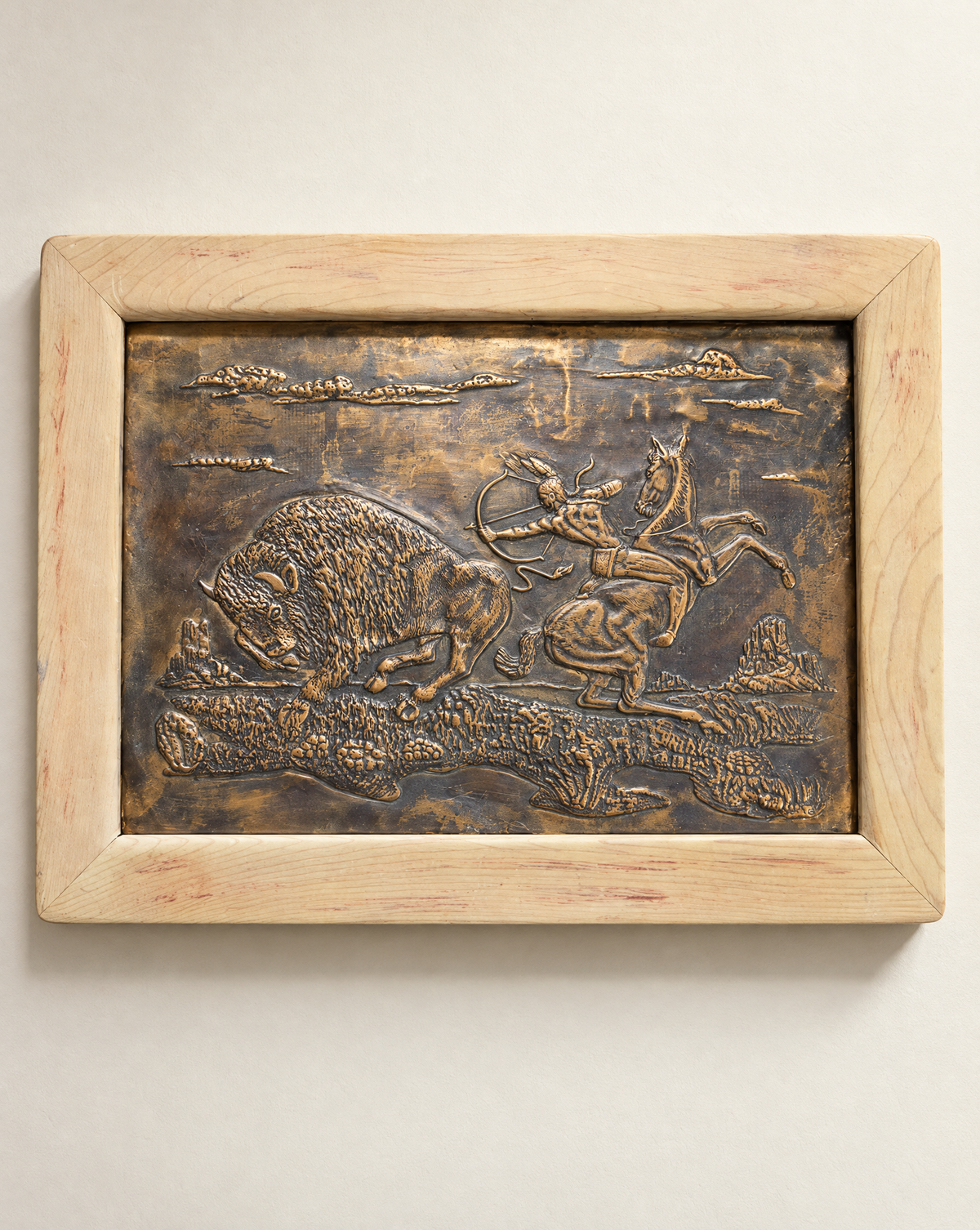 Vintage Western Buffalo Hunt Copper-Tone Metal Relief in Wood Frame – 17" W × 12.5" H