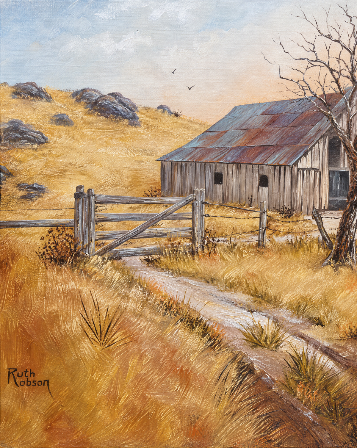 Vintage Rustic American Farmhouse Original Oil Painting on Canvas, Signed Ruth Robson – 27" W × 23" H