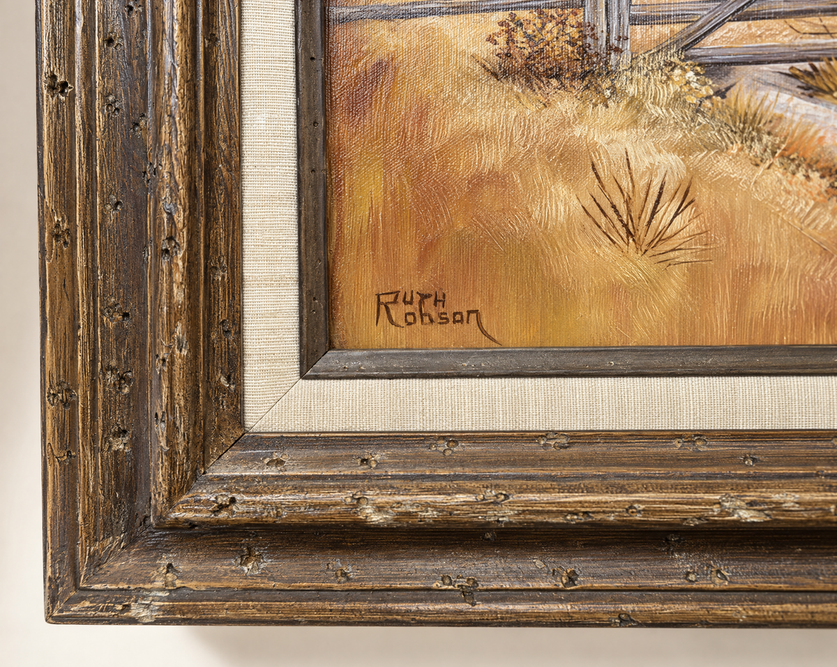 Vintage Rustic American Farmhouse Original Oil Painting on Canvas, Signed Ruth Robson – 27" W × 23" H