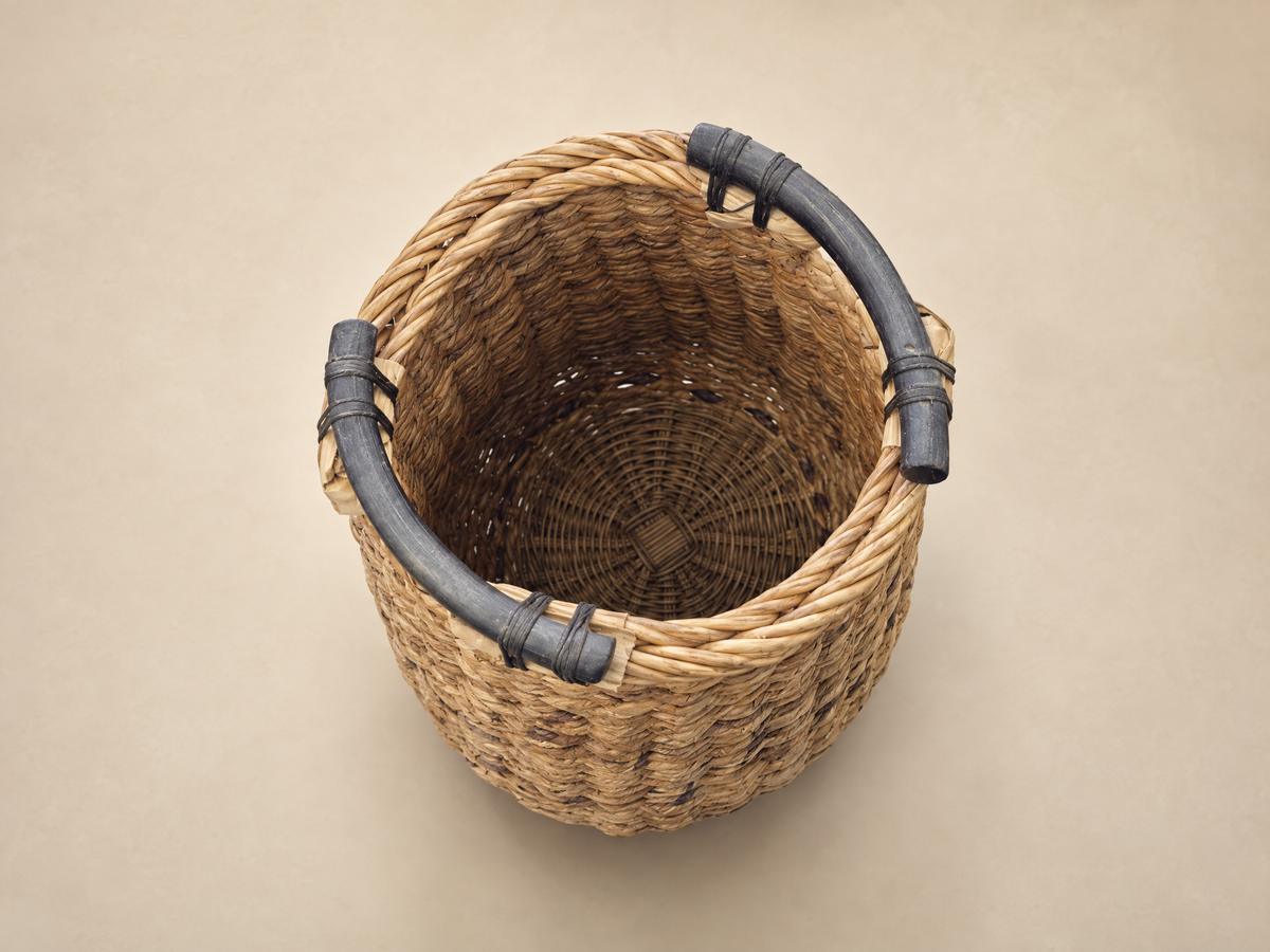 Vintage Oversized Woven Basket with Dark Wood Handles
