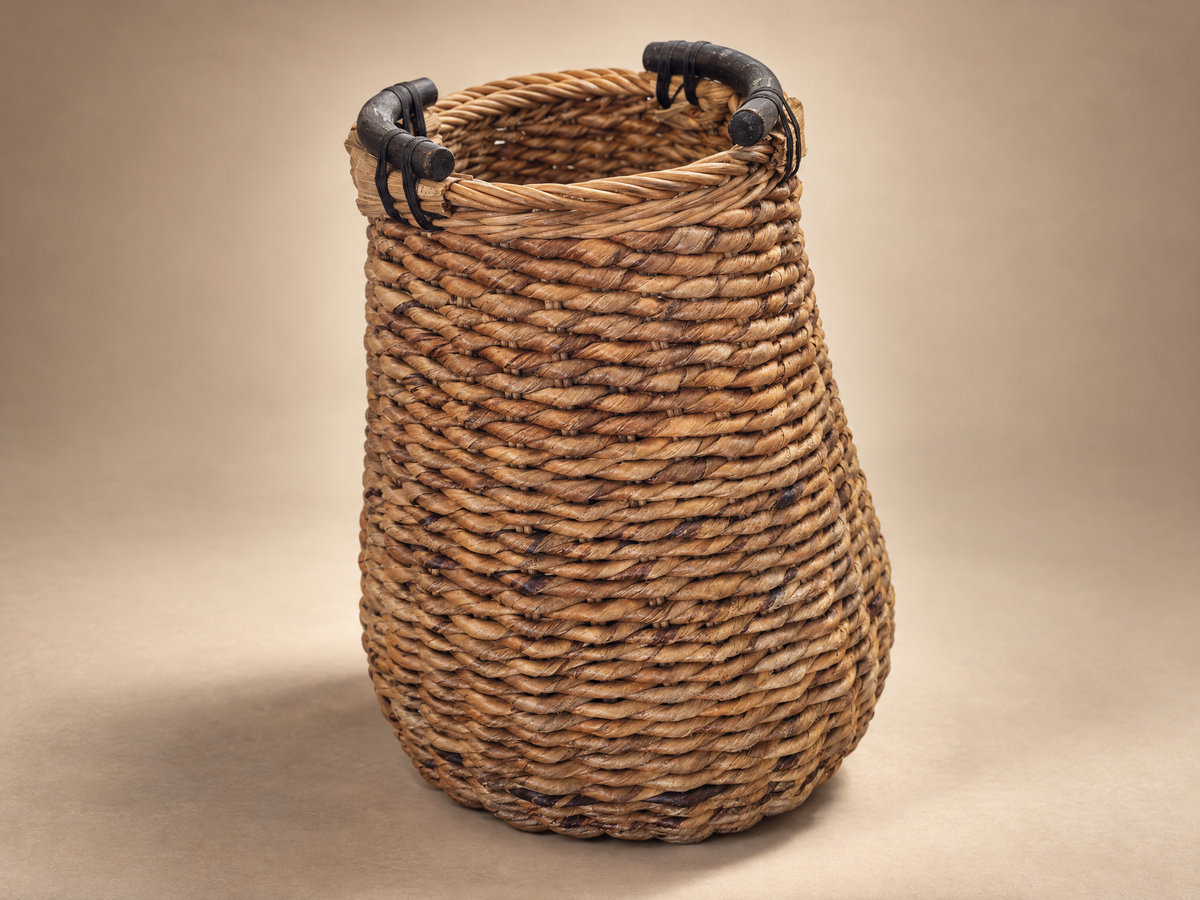 Vintage Oversized Woven Basket with Dark Wood Handles