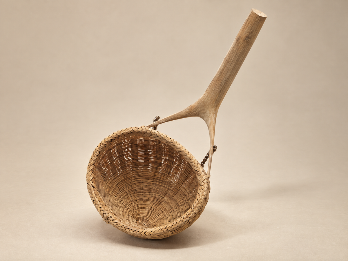 Vintage Woven Rattan Scoop Basket with Wood Handle