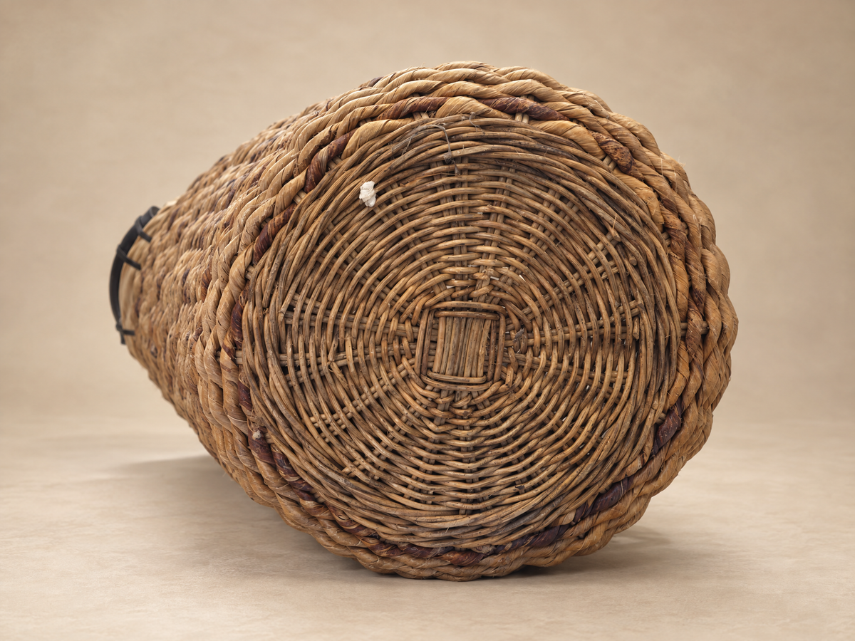 Vintage Oversized Woven Basket with Dark Wood Handles