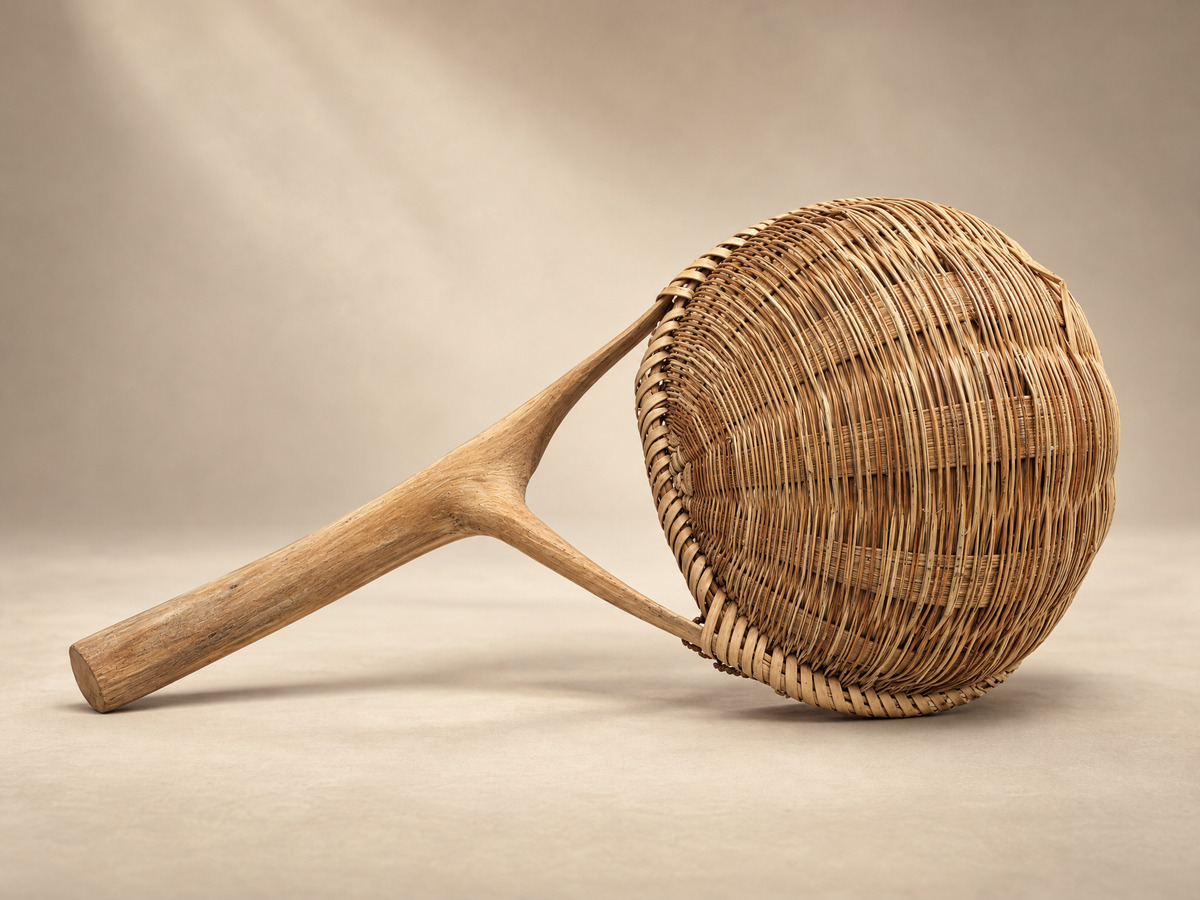 Vintage Woven Rattan Scoop Basket with Wood Handle