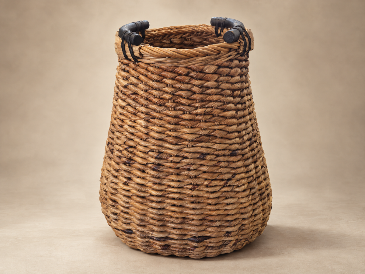 Vintage Oversized Woven Basket with Dark Wood Handles