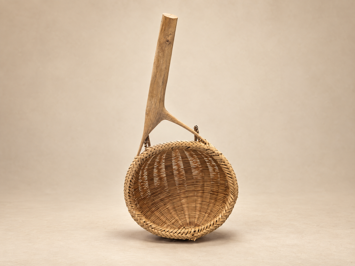 Vintage Woven Rattan Scoop Basket with Wood Handle