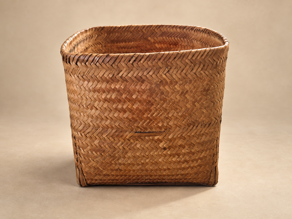 Vintage Handwoven Bamboo Square Storage Basket
