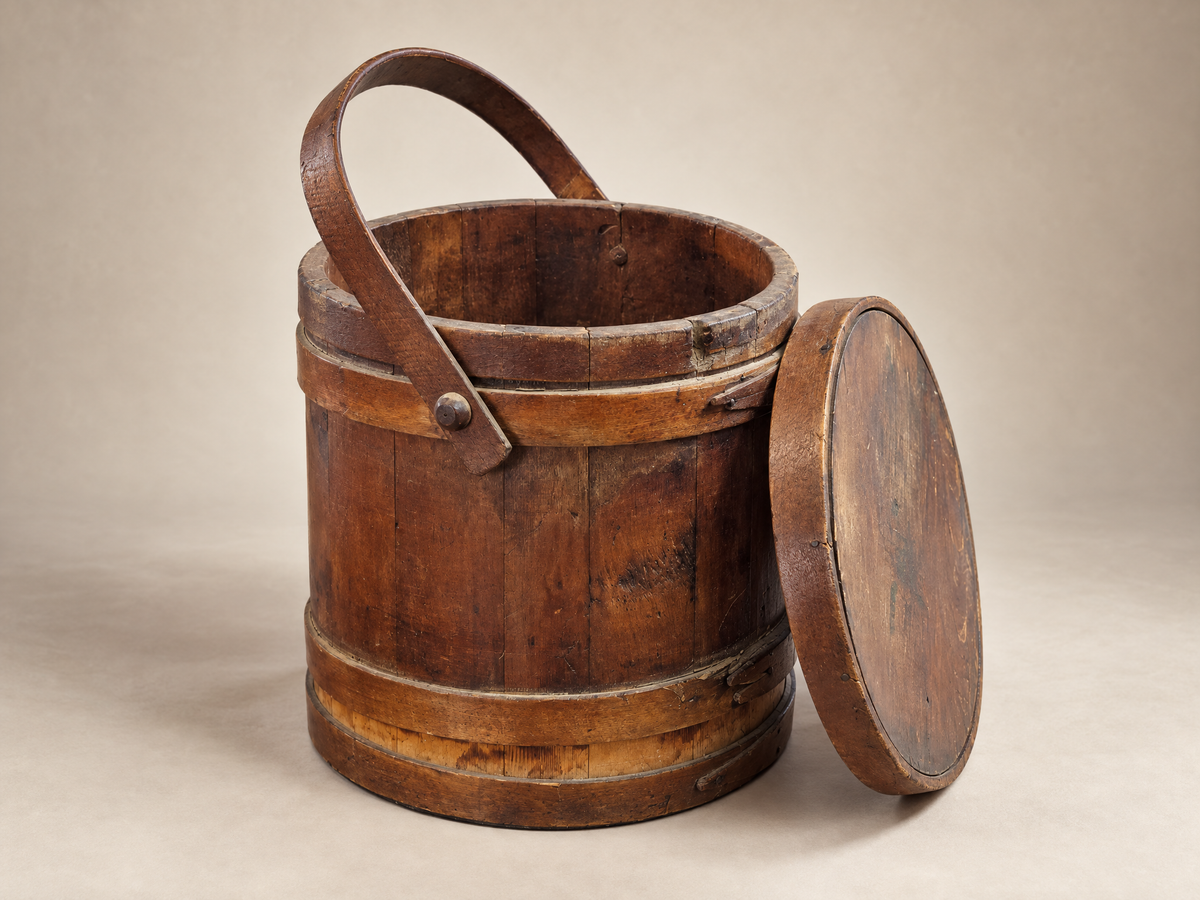 Antique Wooden Stave Firkin with Lid & Swing Handle