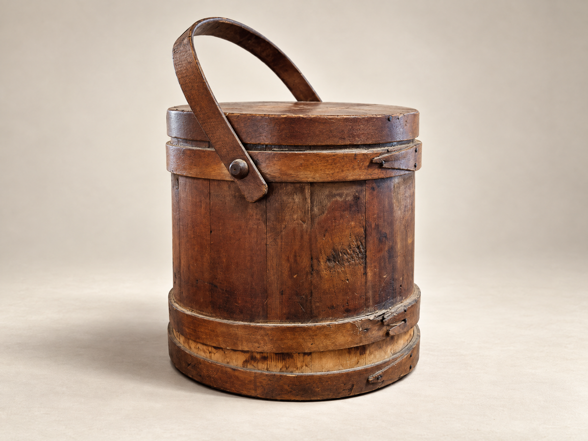 Antique Wooden Stave Firkin with Lid & Swing Handle