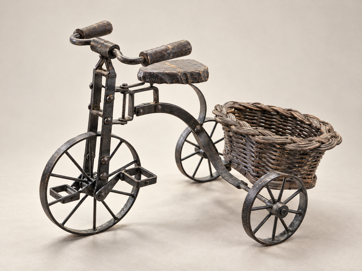 Vintage Metal Tricycle with Woven Basket