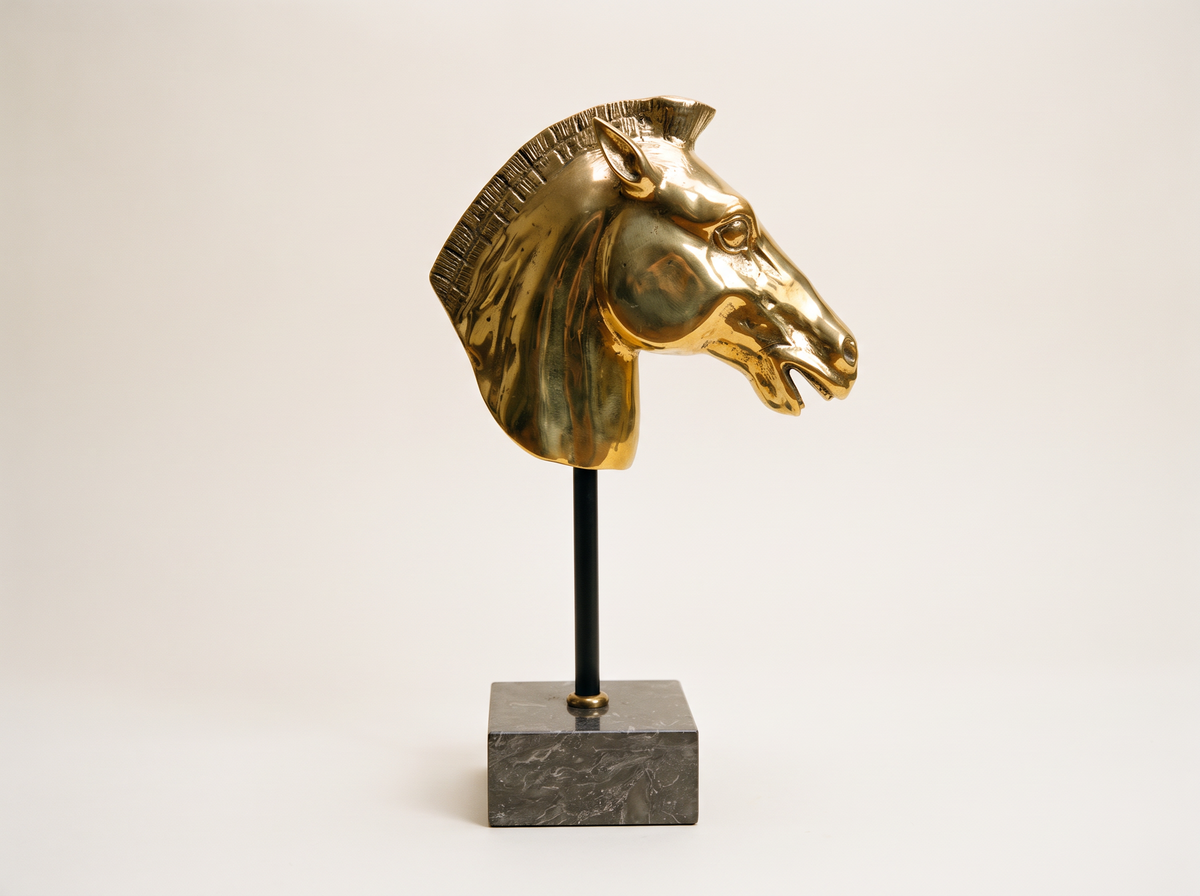 Vintage Brass Horse Head Sculpture on Marble Base