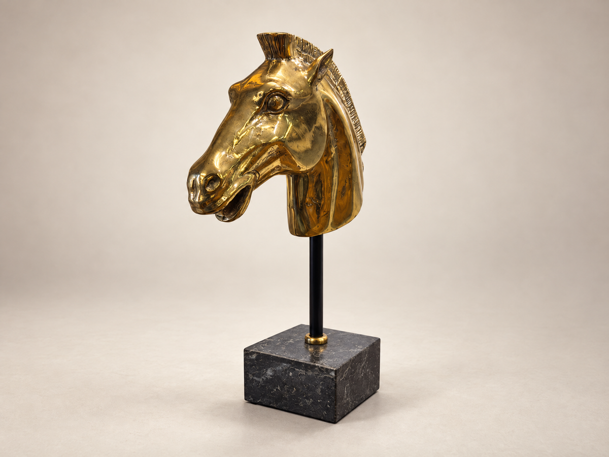 Vintage Brass Horse Head Sculpture on Marble Base
