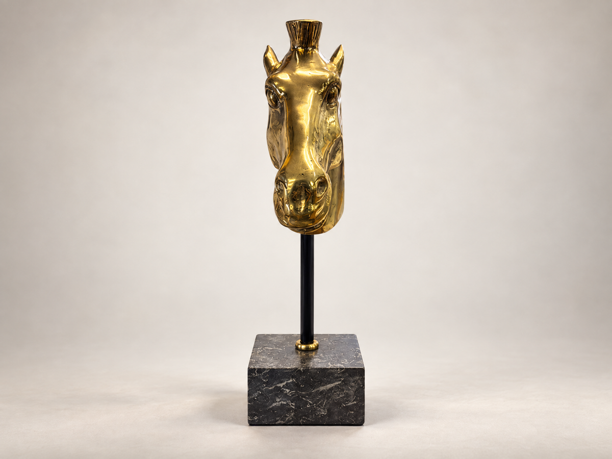 Vintage Brass Horse Head Sculpture on Marble Base