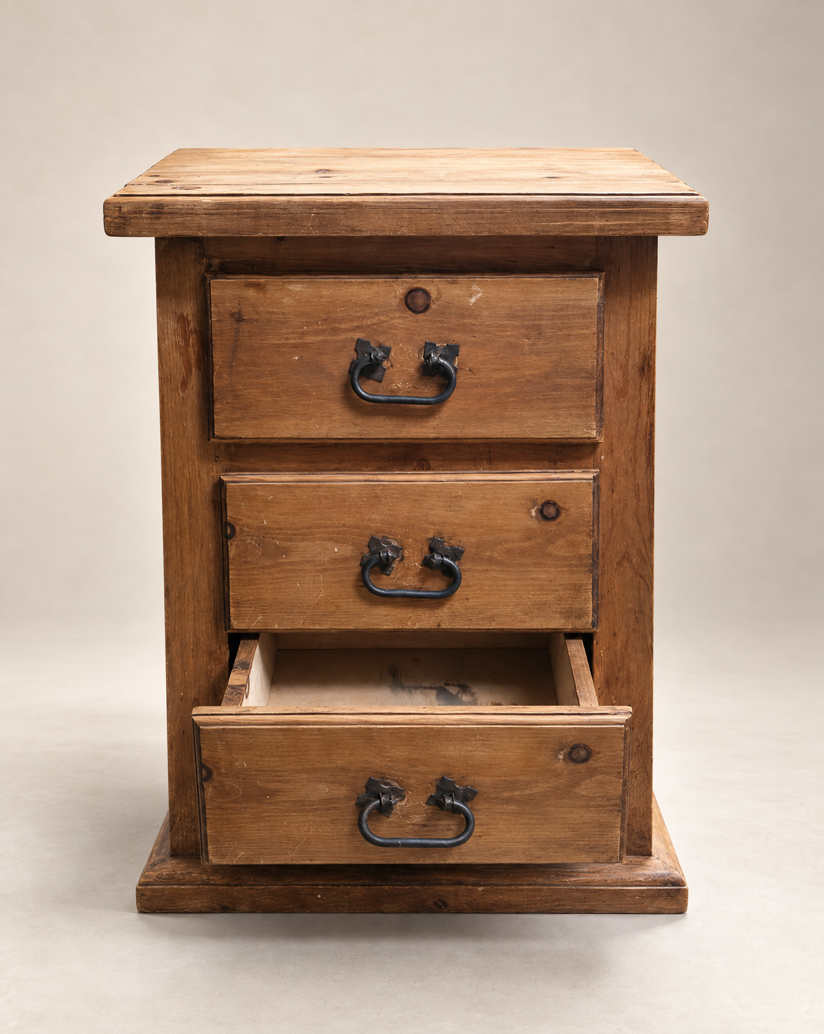 Vintage Primitive Pine Three-Drawer Bedside Chest