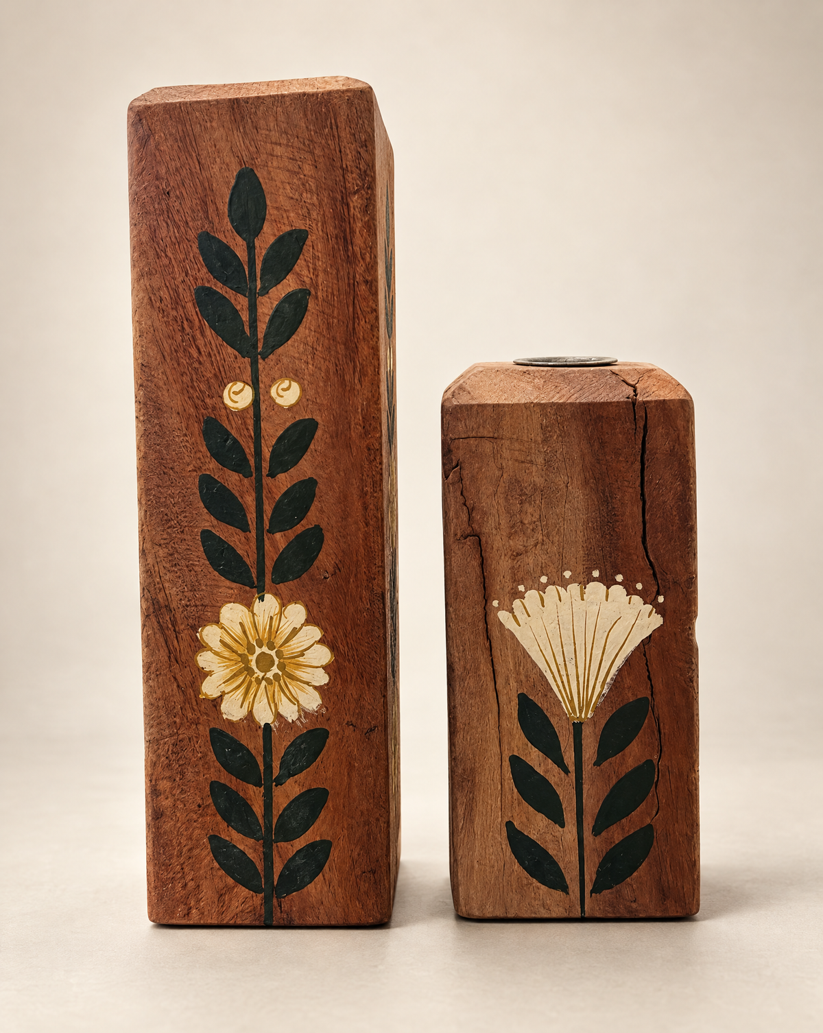 Hand-Painted Reclaimed Wood Taper Candle Holders – Set of 2