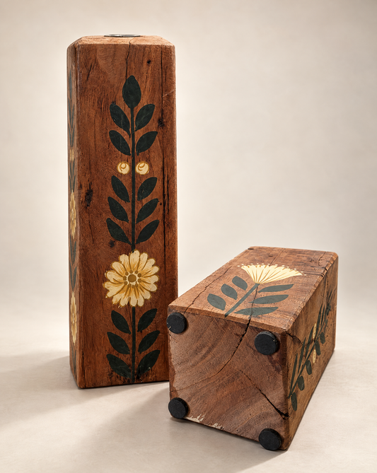 Hand-Painted Reclaimed Wood Taper Candle Holders – Set of 2
