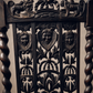 Pair of Antique Jacobean Revival Carved Oak Hall Chairs with Heraldic Crest Backs & Leather Seats