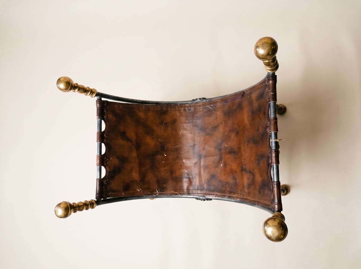 Vintage Campaign-Style Leather Sling Chair with Brass Accents