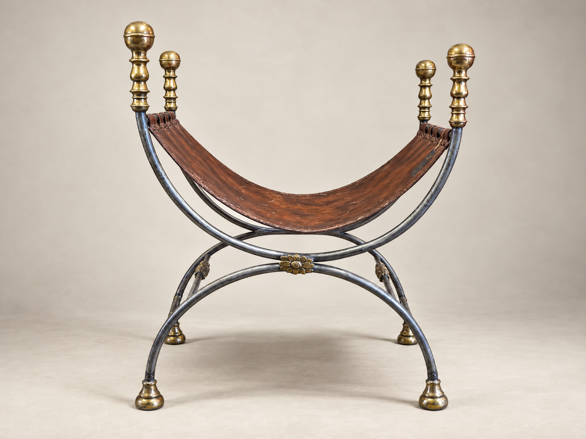 Vintage Campaign-Style Leather Sling Chair with Brass Accents