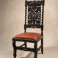 Pair of Antique Jacobean Revival Carved Oak Hall Chairs with Heraldic Crest Backs & Leather Seats