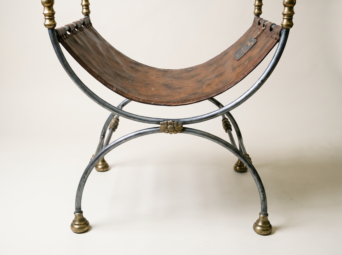 Vintage Campaign-Style Leather Sling Chair with Brass Accents