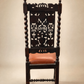 Pair of Antique Jacobean Revival Carved Oak Hall Chairs with Heraldic Crest Backs & Leather Seats