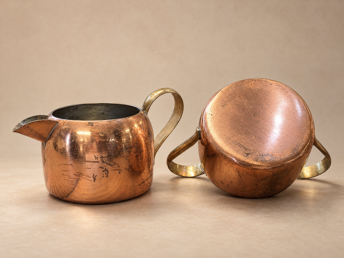 Vintage Japanese Solid Copper Cookware Set – Lidded Pot, Creamer & Sugar Bowl