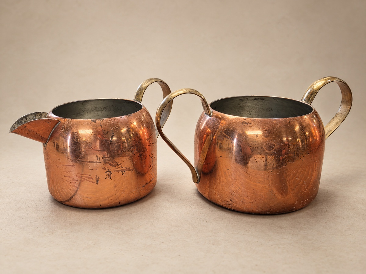 Vintage Japanese Solid Copper Cookware Set – Lidded Pot, Creamer & Sugar Bowl