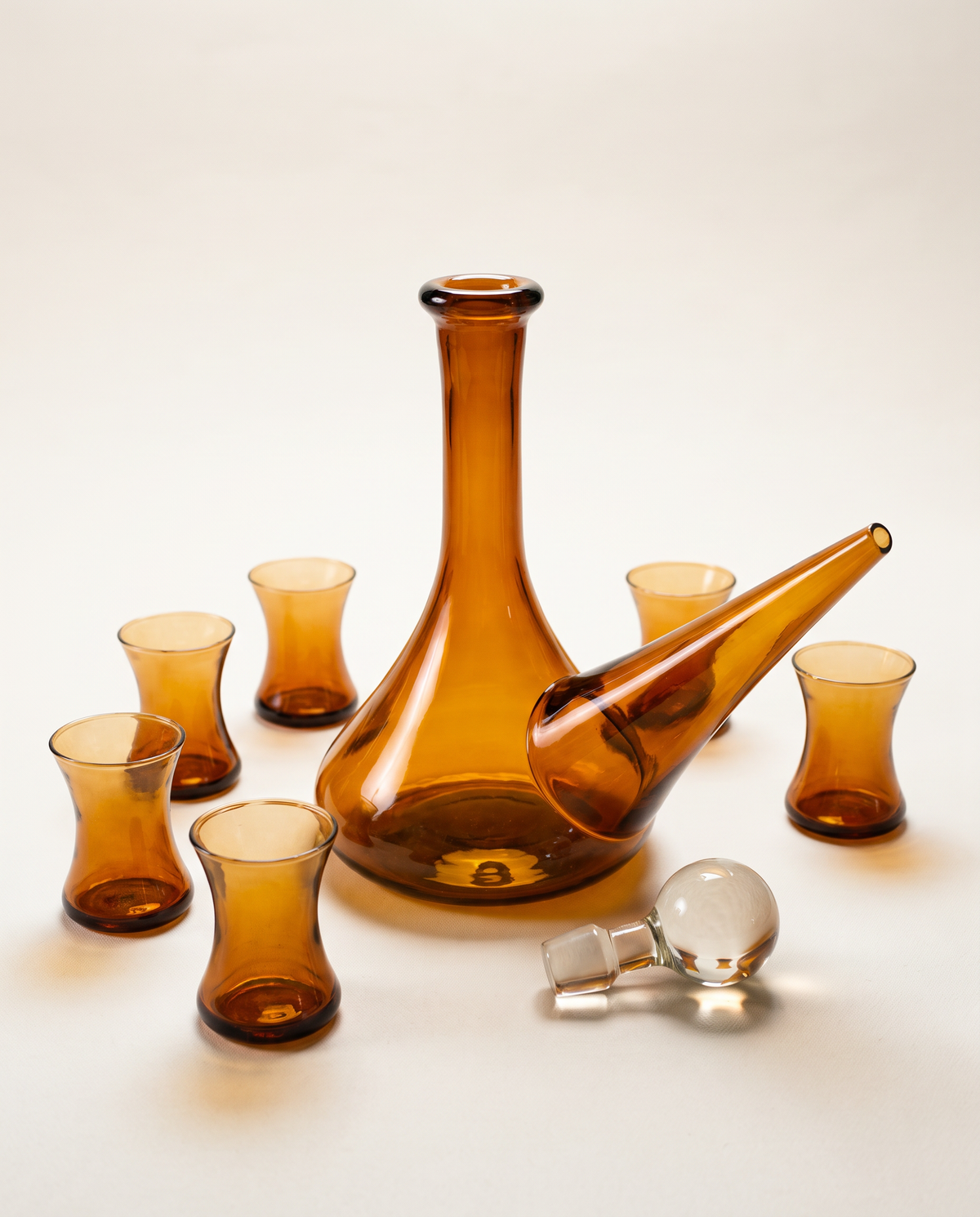 Vintage Amber Glass Decanter & Six Cordial Glasses
