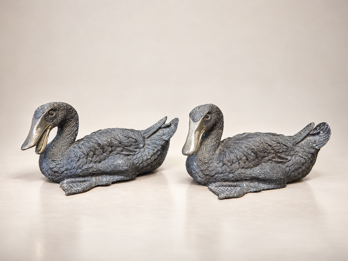 Pair of Vintage Heavy Cast Metal Mallard Duck Sculptures